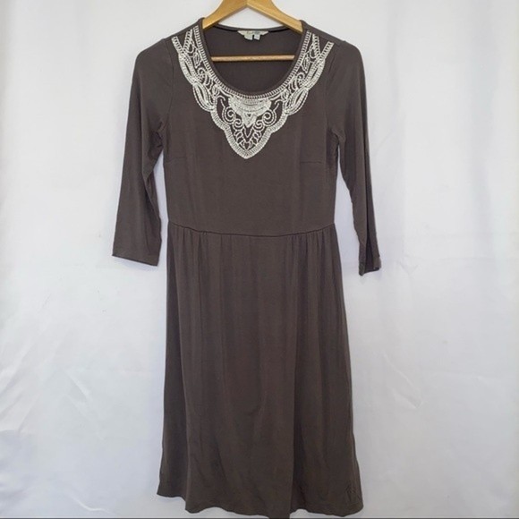 Boden Faye Jersey Knit Stretch Peasant Crochet 3/4 Length Sleeved Dress Size 6 - Picture 3 of 8